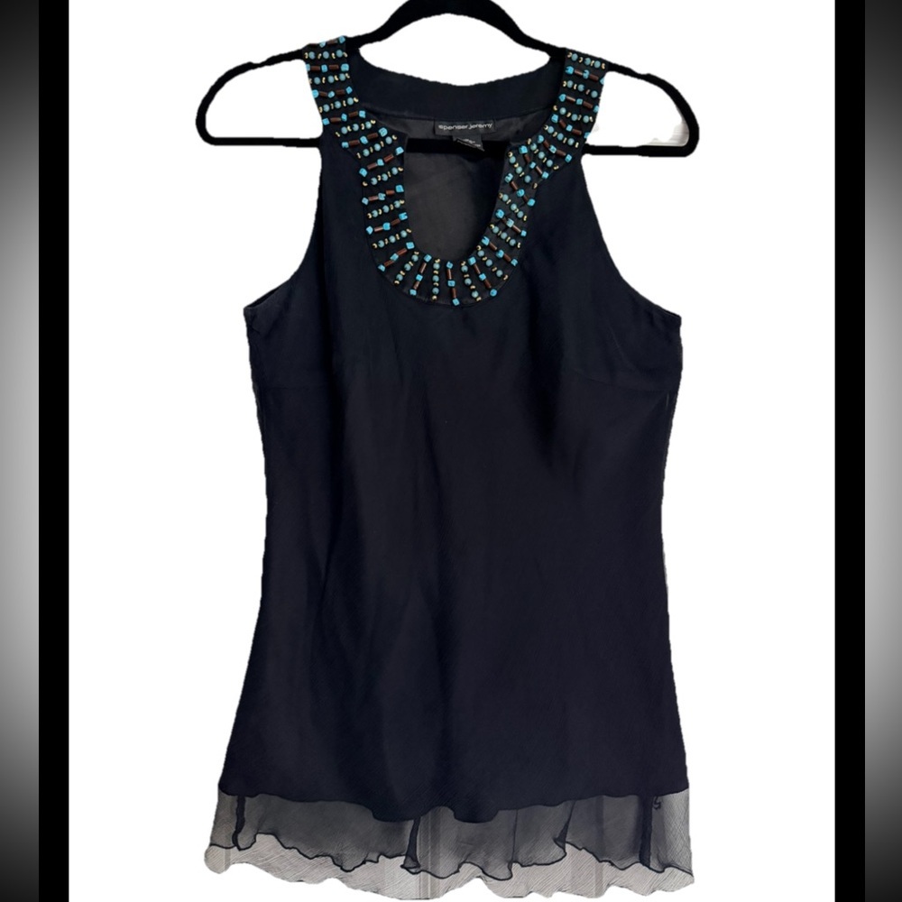SPENSER JEREMY Black Silk Sleeveless Turquoise Top Sz M